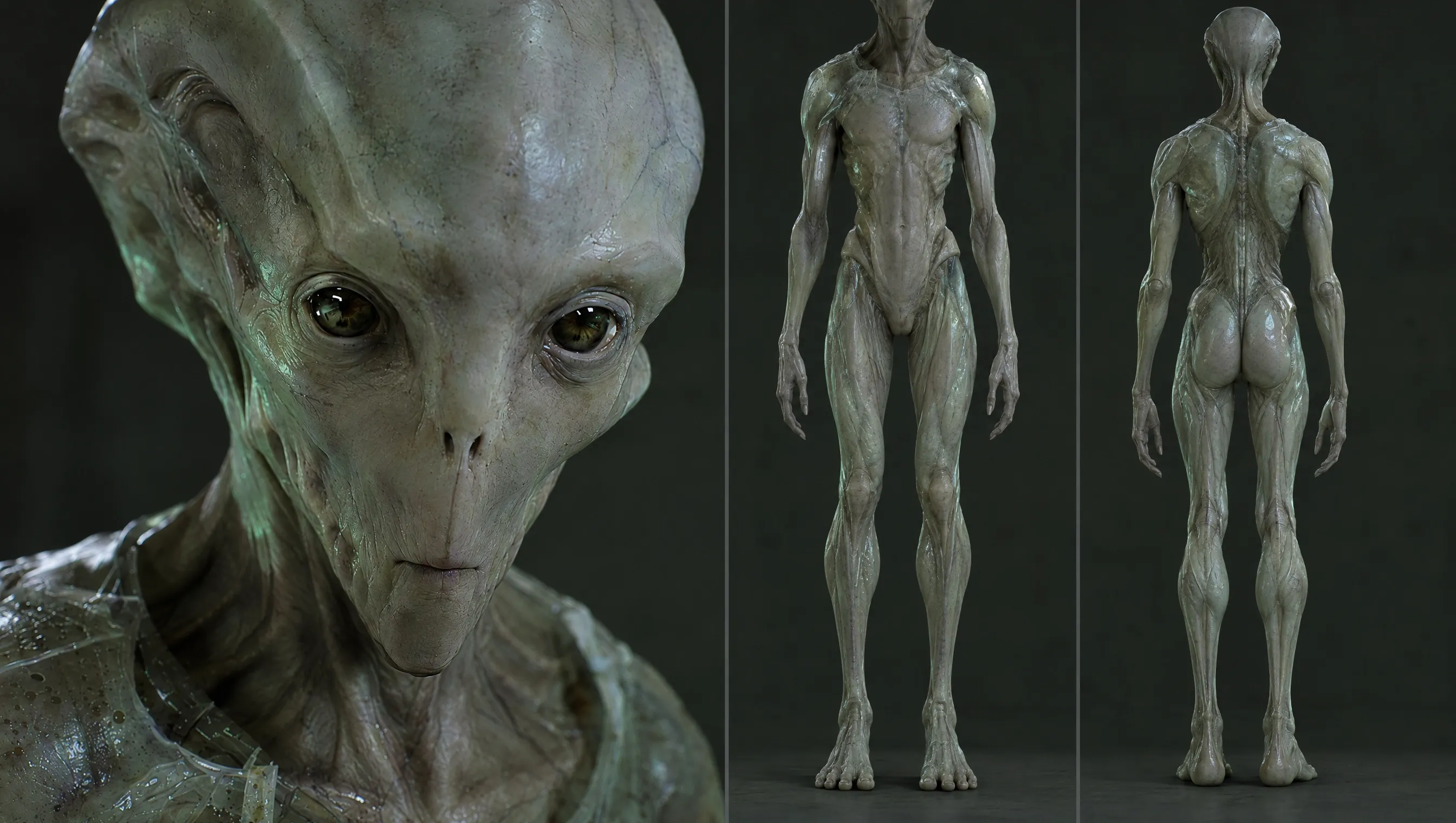 A detailed 3D model of an alien creature with elongated features and large eyes.