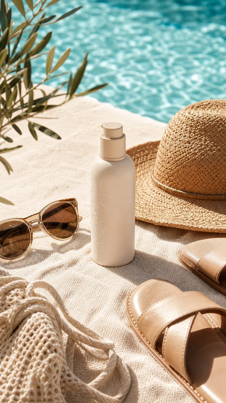 Alt: Foto de producto veraniego con botella de cuidado personal, gafas de sol, sombrero y sandalias junto a una piscina
