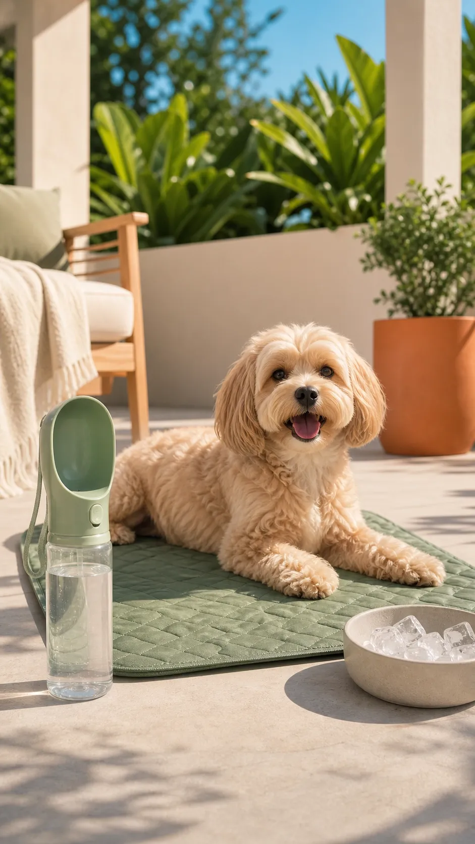 Alt: Perro descansando en una terraza de verano junto a una botella portátil de agua y una esterilla refrescante