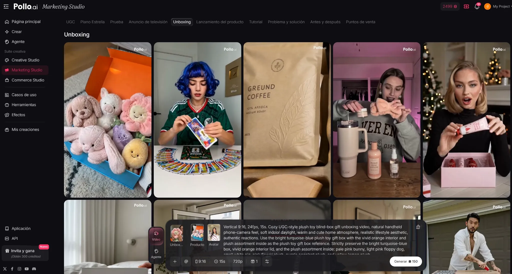 Alt: Plantillas de unboxing en Marketing Studio de Pollo AI