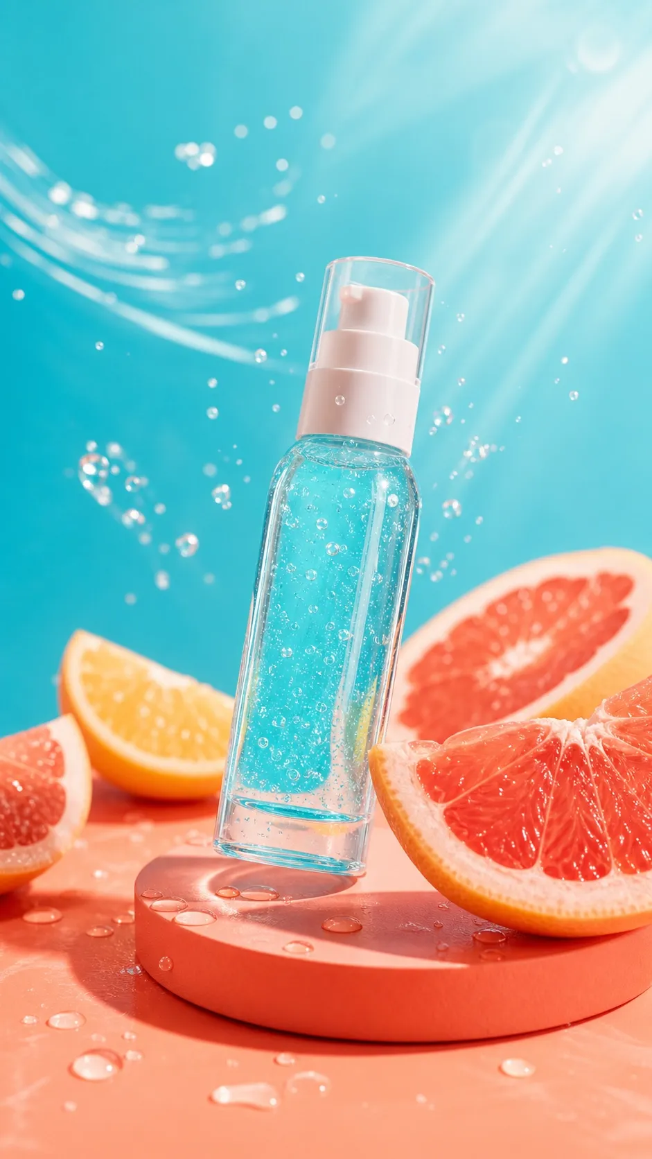 Alt: Producto de skincare en una composición vertical de verano con fondo azul, cítricos y gotas de agua