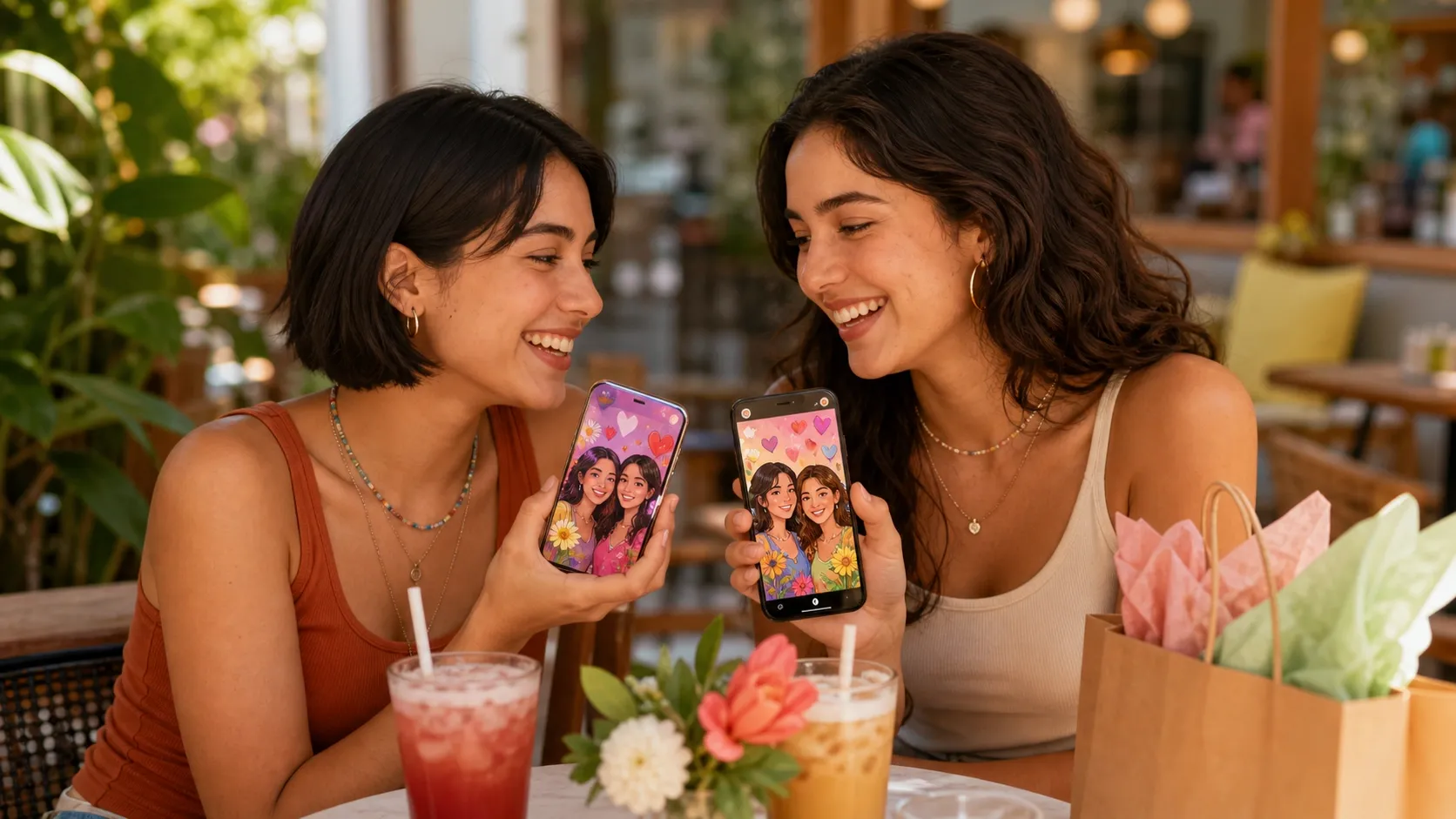 Dos amigas sonríen mientras muestran fotos en sus teléfonos en una cafetería.