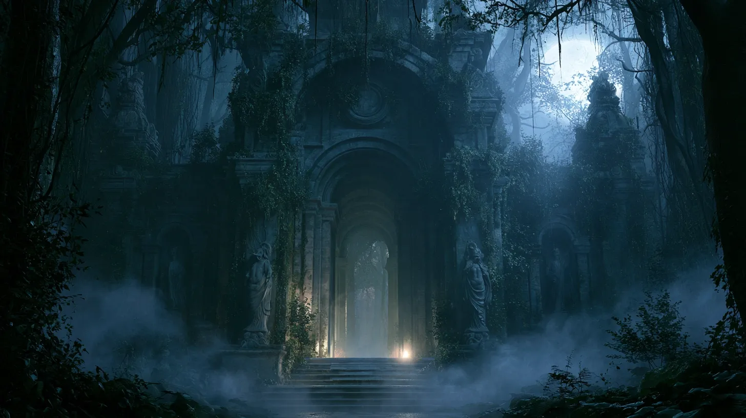 An ancient stone structure shrouded in mist and surrounded by dense foliage.