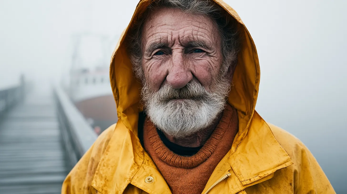 An elderly man in a yellow raincoat stands on a foggy dock.
