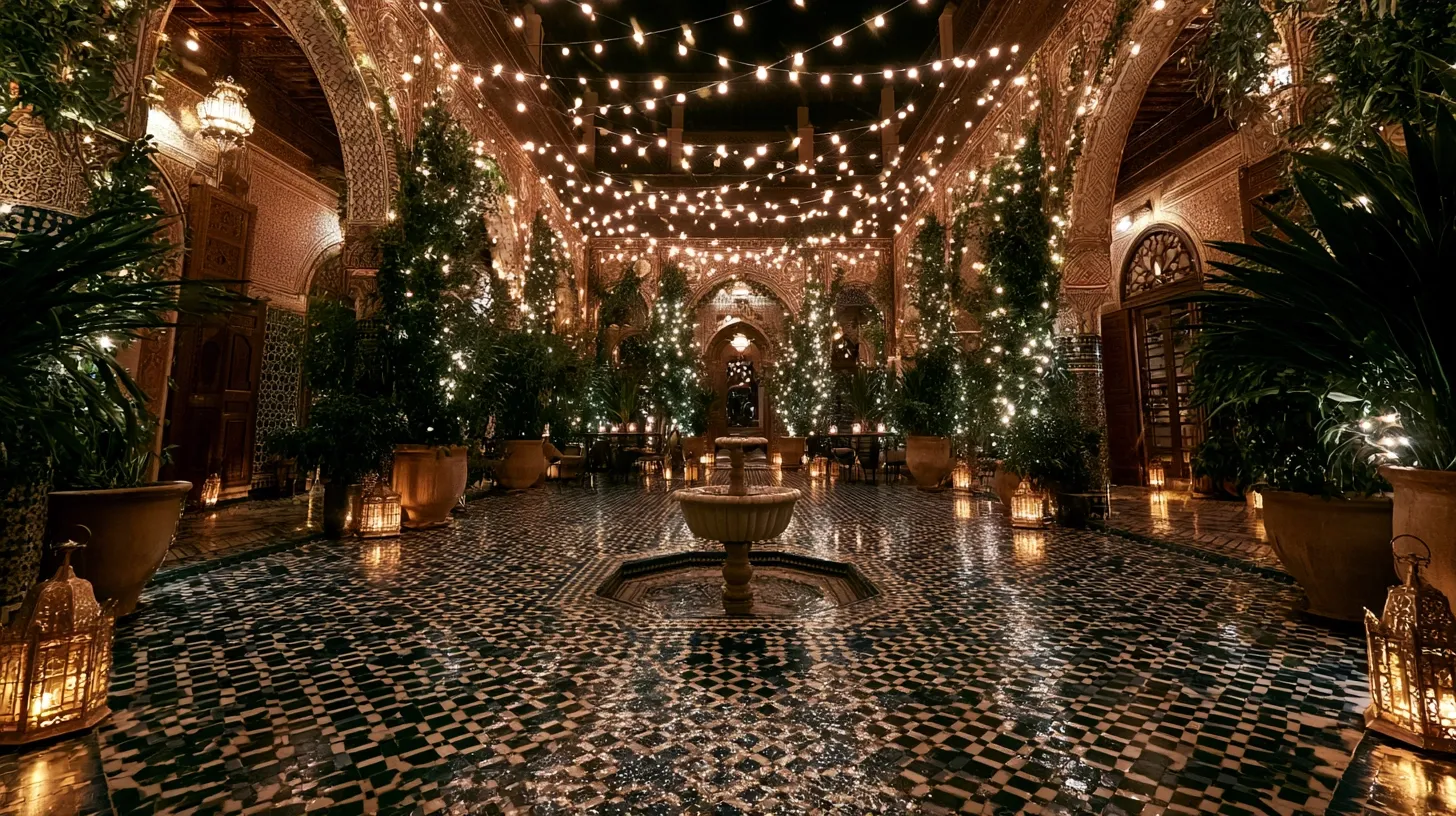 An ornate courtyard with a fountain, plants, and string lights.