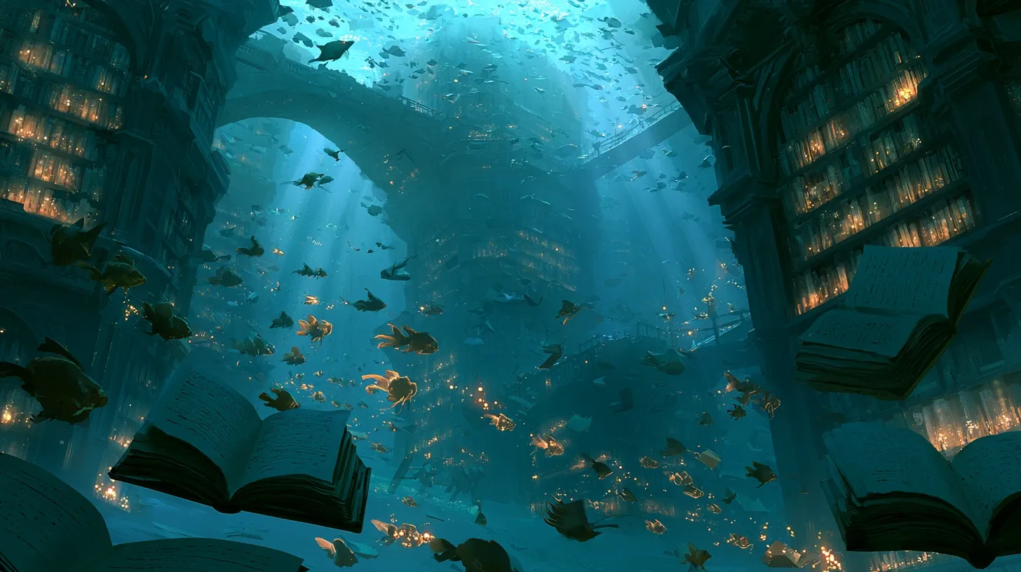 An underwater library filled with floating books and swimming fish.