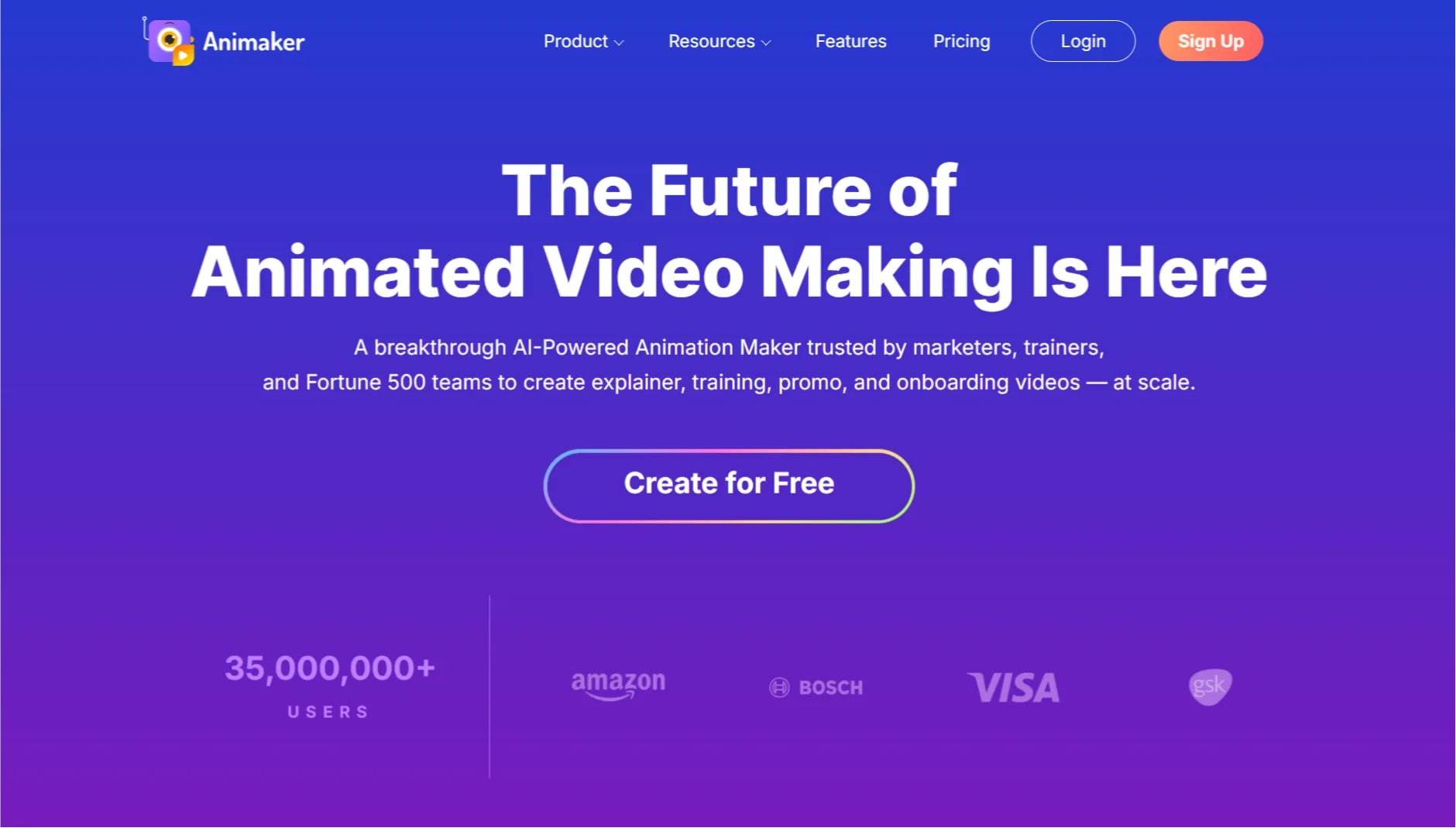 Animakers hjemmeside til animeret videofremstilling med sektionen 