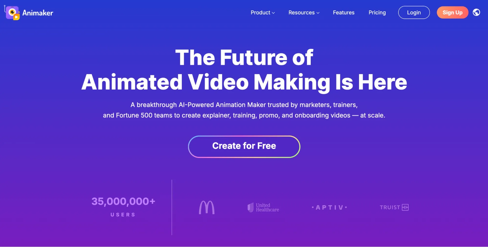 La page d'accueil d'Animaker met en avant sa plateforme de création de vidéos animées basée sur l'IA.