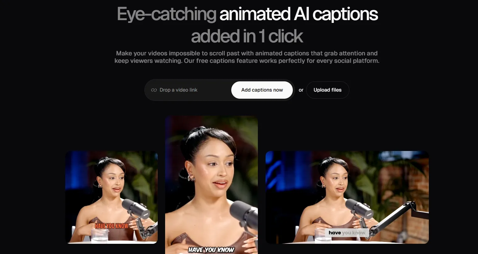 A woman speaking into a microphone with animated captions displayed.