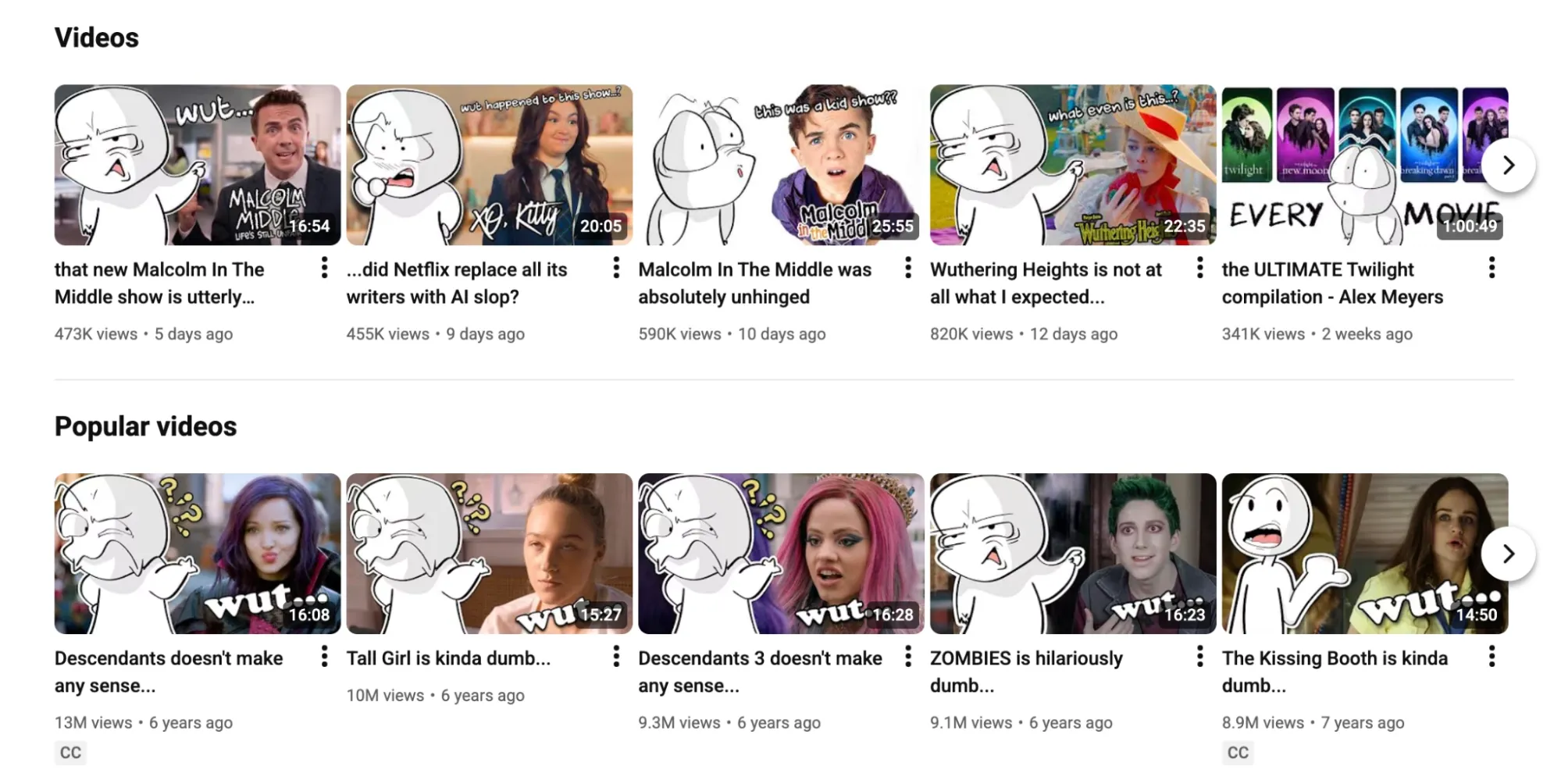 YouTube video thumbnails for animated commentary content