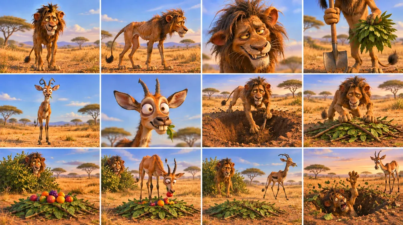 A series of animated scenes featuring a lion and antelope in a savanna.