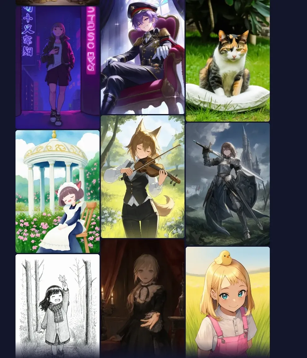 9-grid anime AI artwork gallery, including character, animal and diversified style digital paintings