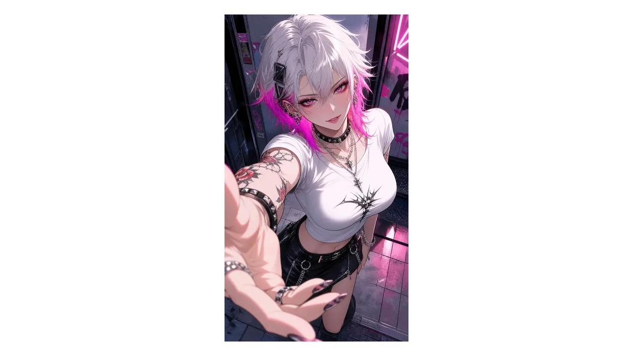 An anime character with pink hair poses confidently in a stylish outfit.