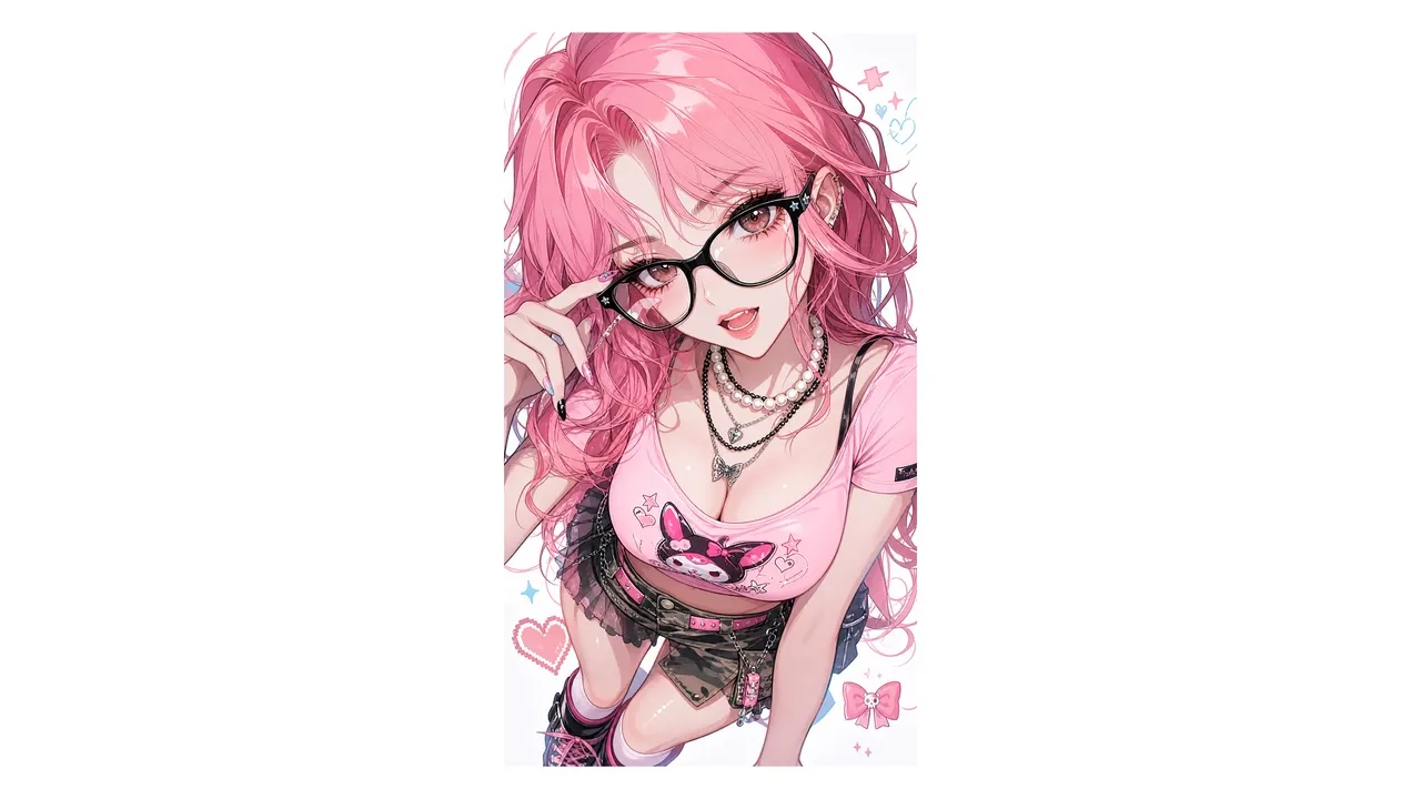 An anime girl with pink hair and glasses poses playfully in a pink outfit.
