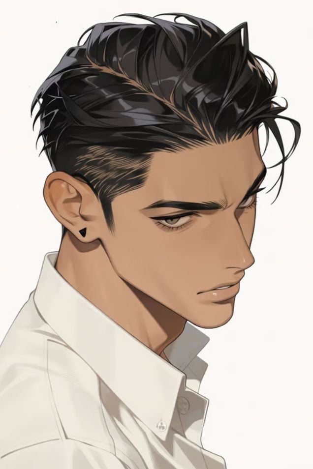 Un primo piano di profilo di un bel personaggio maschile di anime con capelli neri e un orecchino triangolare