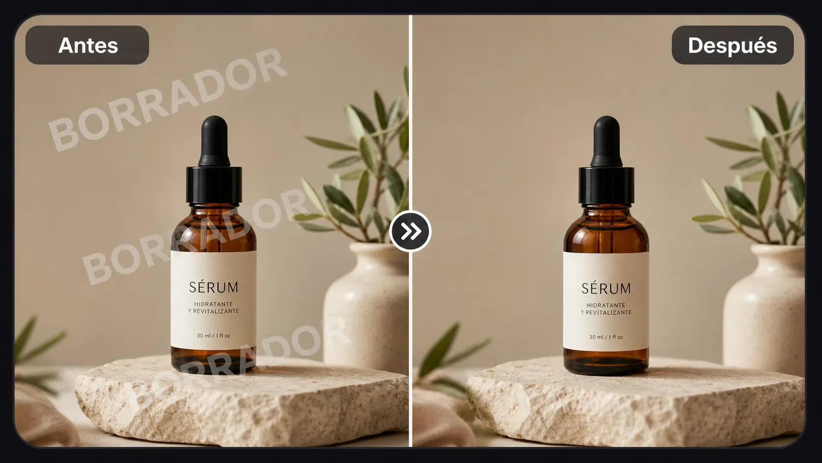 antes y después de quitar marca de agua de una foto de producto