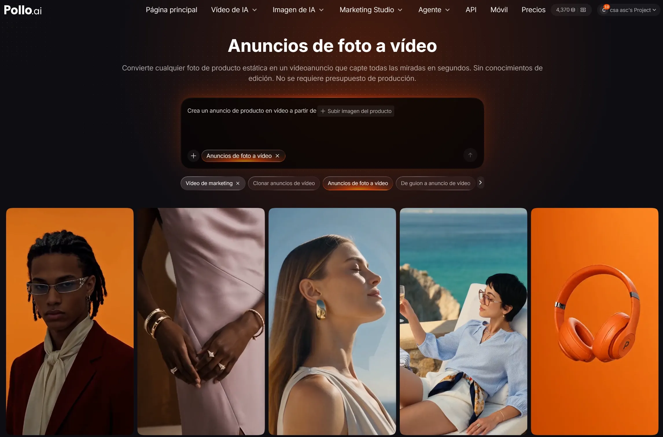 Interfaz de un sitio web sobre anuncios de foto a video con imágenes de modelos.