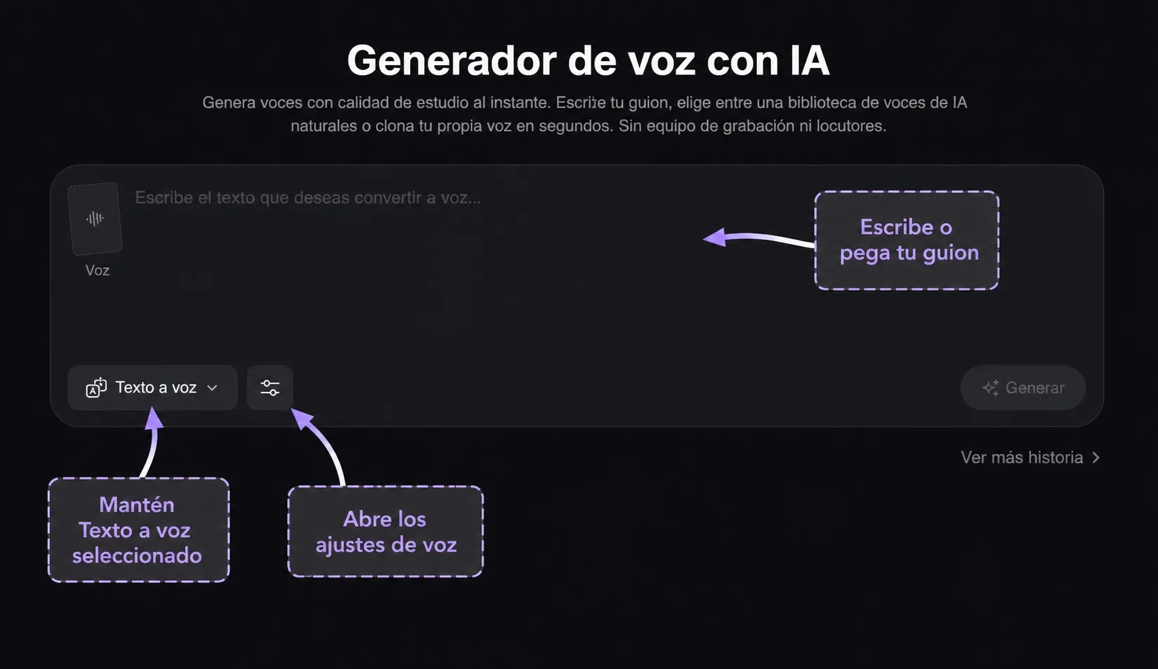 Área para escribir o pegar el guion de voz en off en Pollo AI