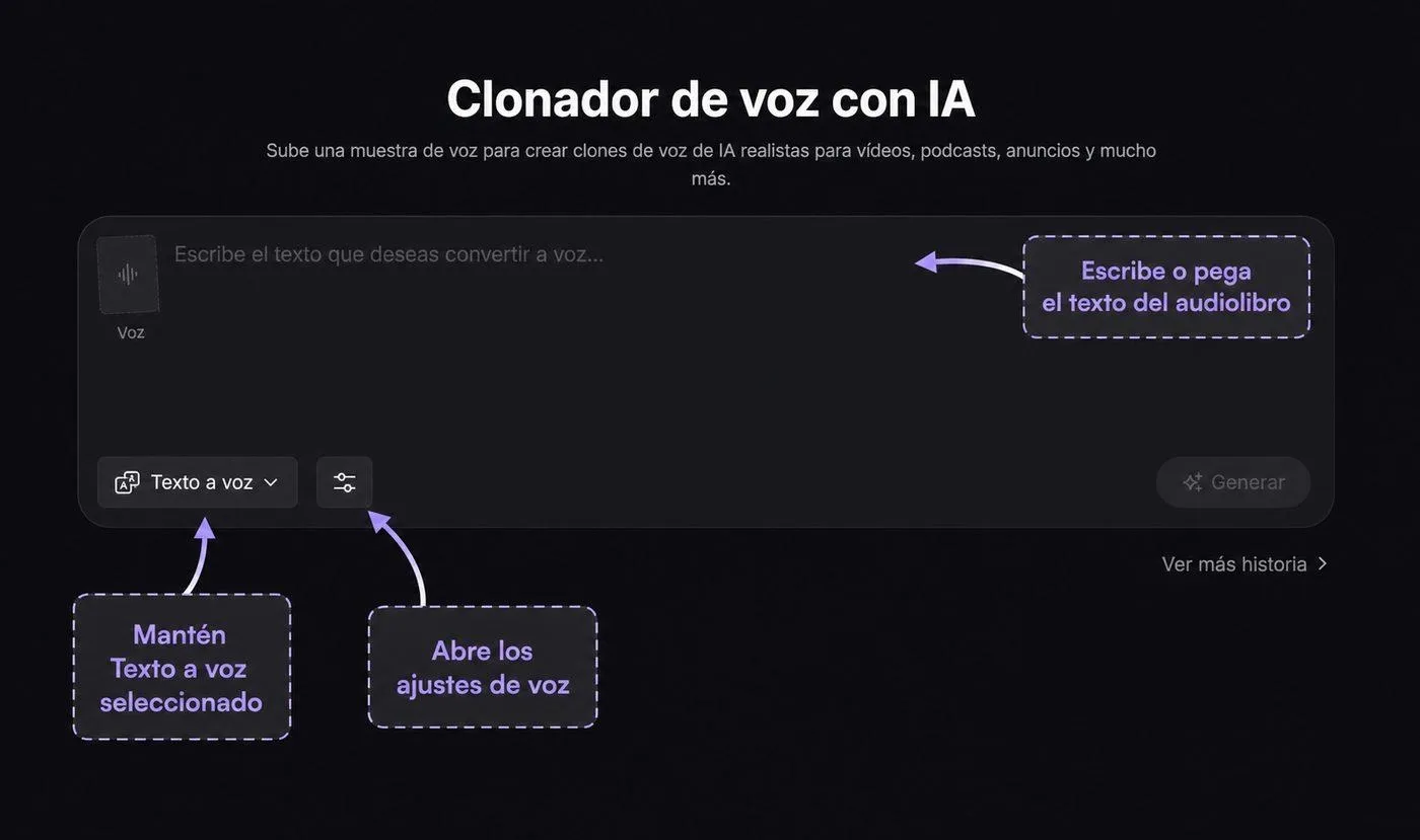 Área para escribir o pegar el texto del audiolibro en Pollo AI