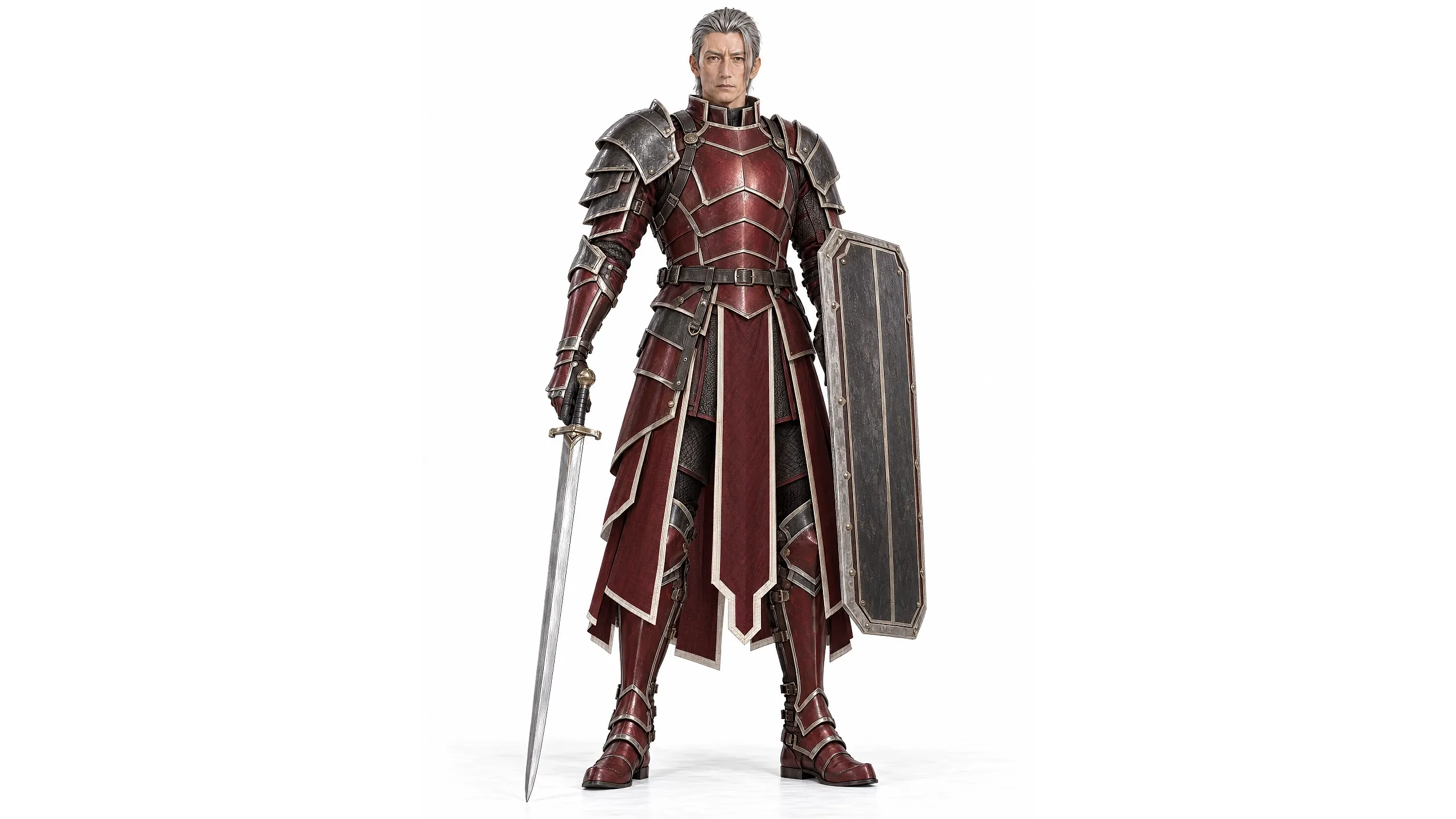 A warrior in red armor holds a sword and shield, standing confidently.