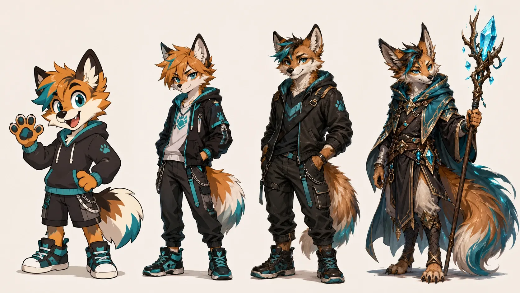 Comparación de estilos de fursona creados con IA: cartoon, anime, semirrealista y fantasy