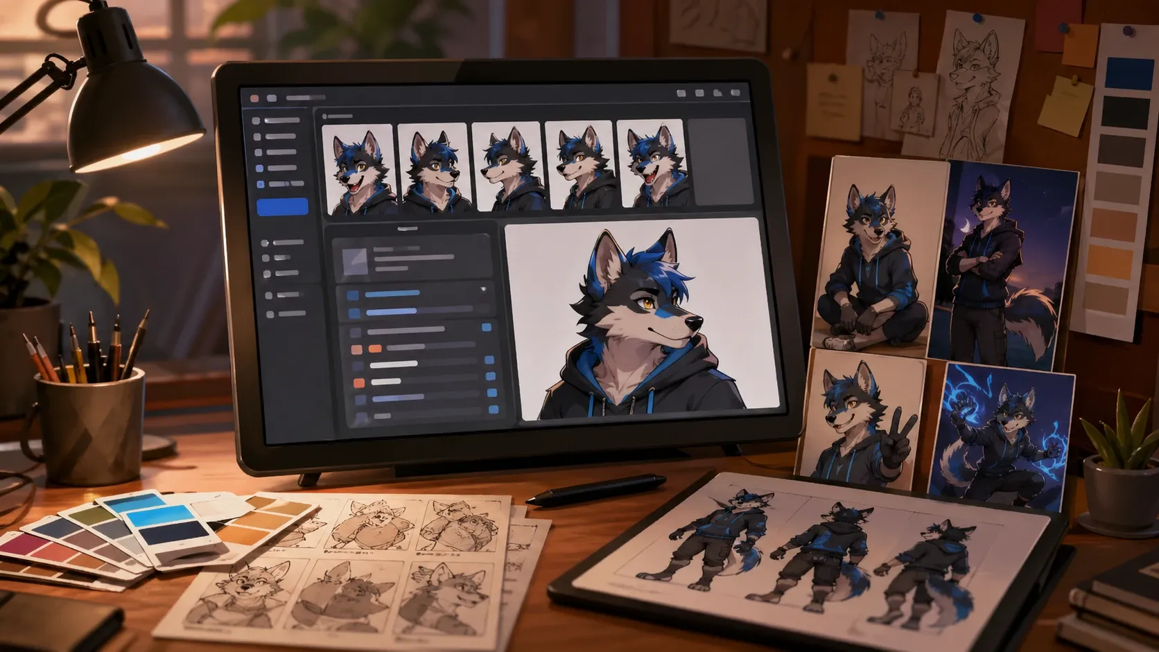 Proceso de creación de prompts para generar una fursona con IA con variaciones de pose, estilo y expresión
