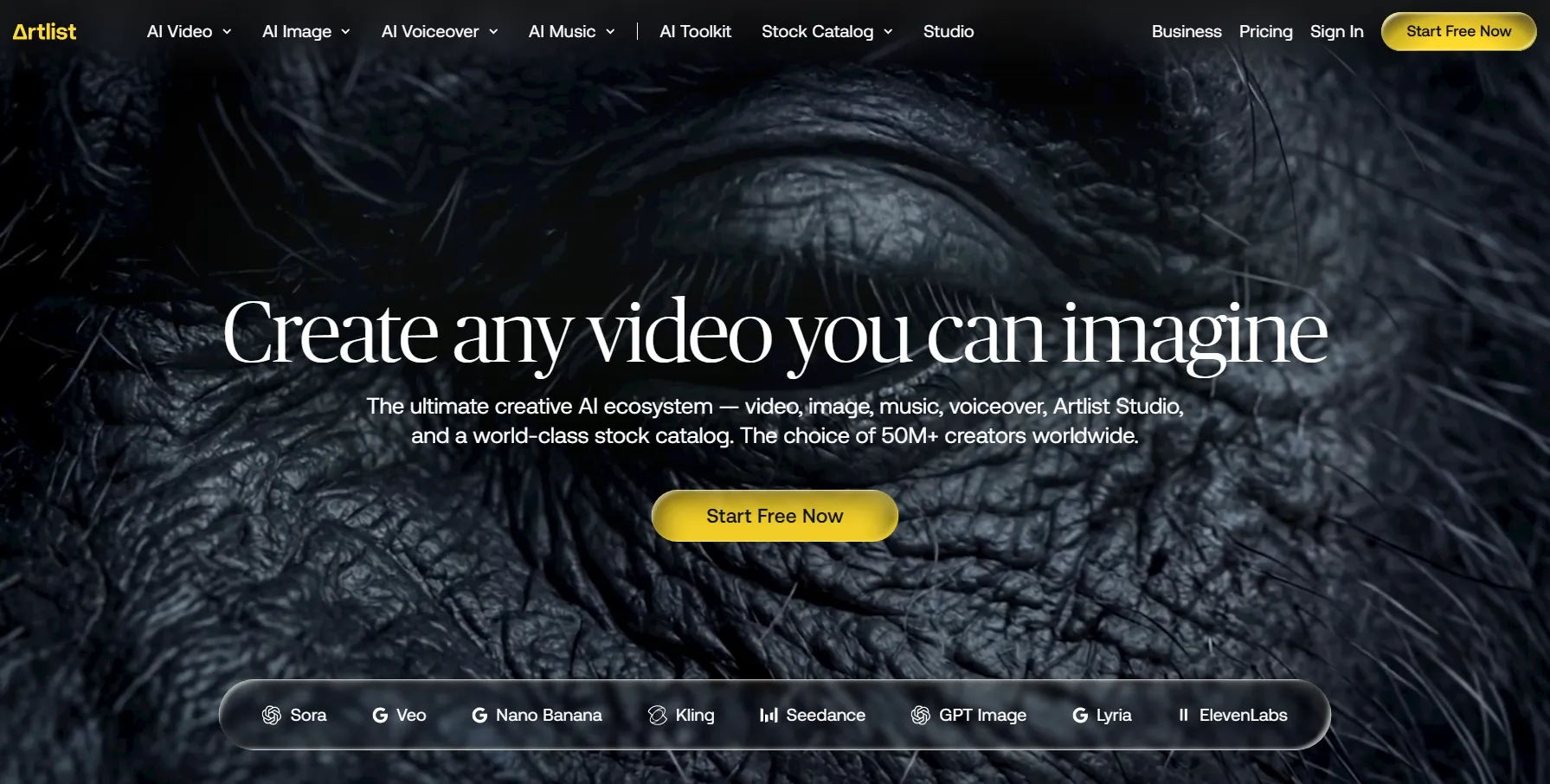 Homepage promoting an AI video and creative ecosystem with various tools.