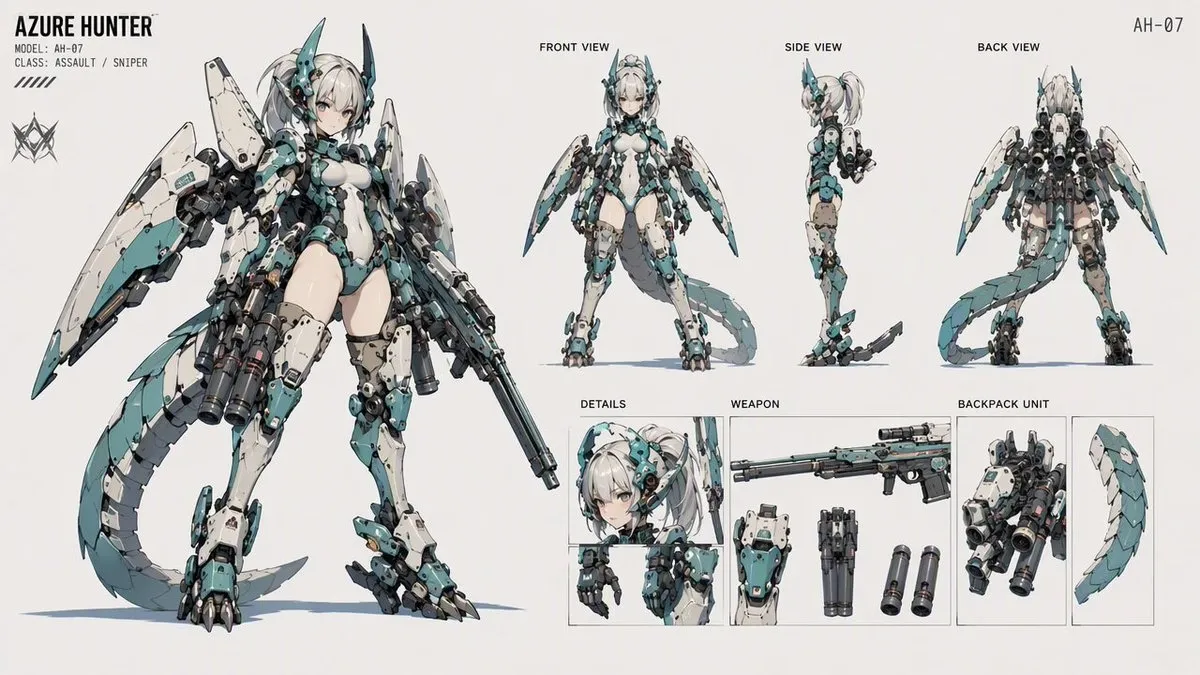 A detailed character design of Azure Hunter, featuring multiple views and weapon details.