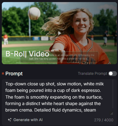 Avance en vídeo B-roll de un deportista lanzando una pelota, con un cuadro de entrada de texto debajo.