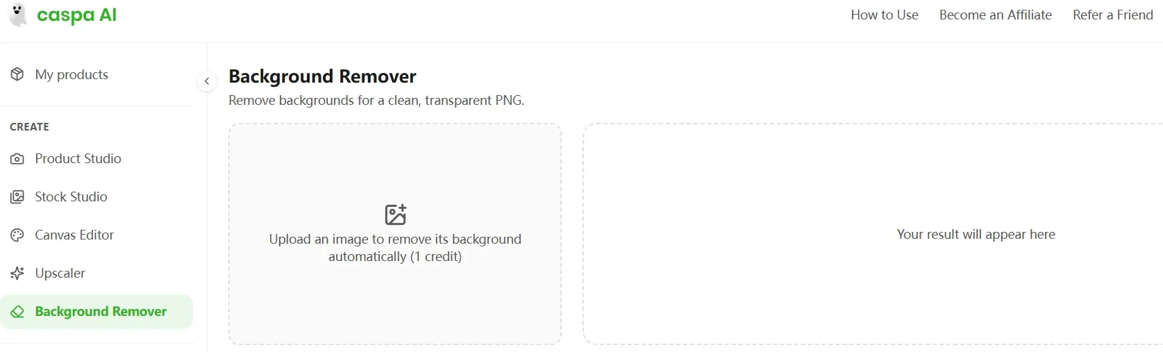 Interface of a background remover tool for transparent PNGs.