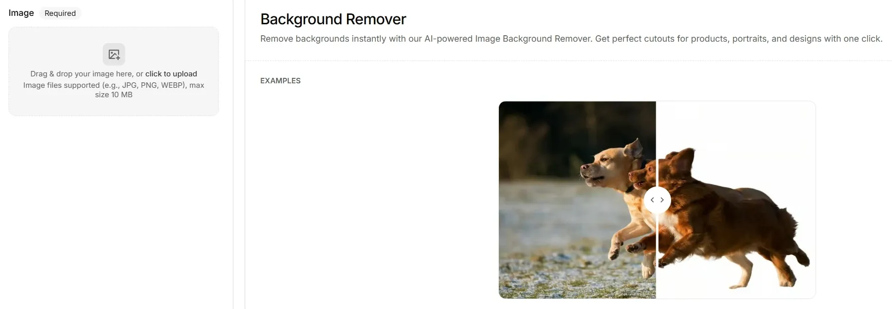 Pollo AI background remover tool interface with dog background removal example