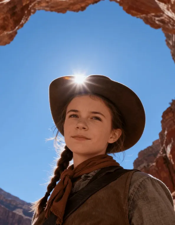 Backlit young cowgirl under natural stone arch, with bright sun flare halo overhead