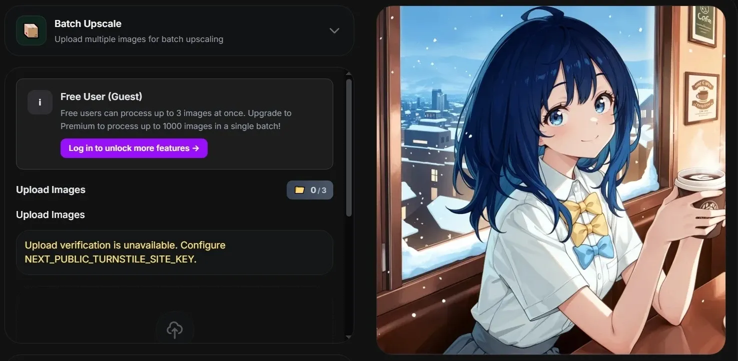 Interface da ferramenta de aumento de escala de imagem em lote de IA com uma garota estilo anime segurando café perto de uma janela de café de inverno nevada