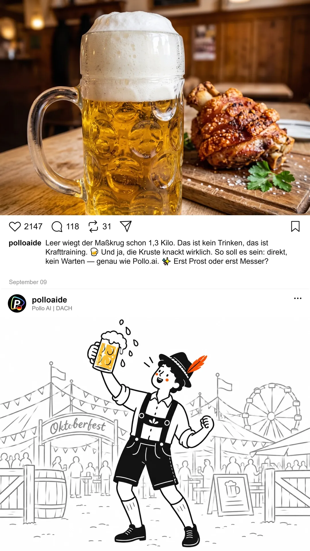 Ein Bierkrug und ein Stück knuspriges Fleisch auf einem Tisch.