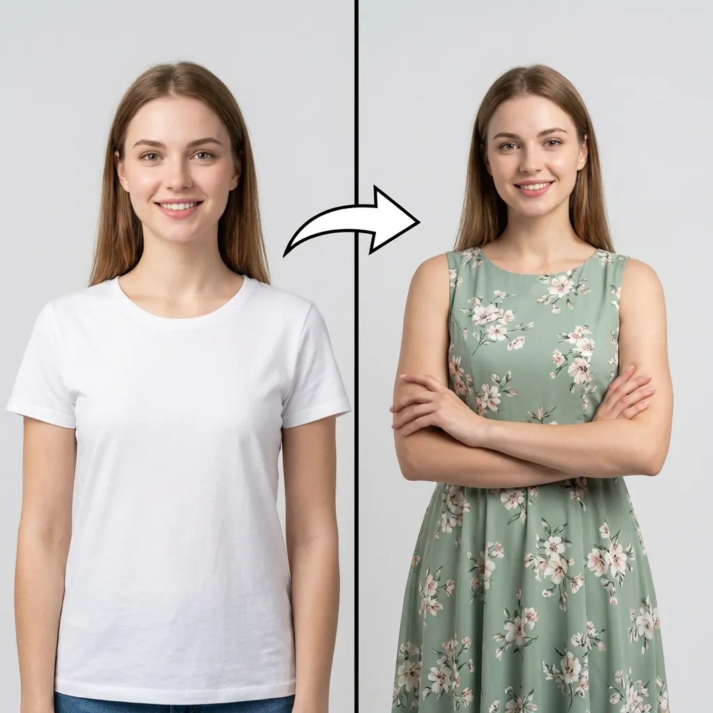 Eine Frau wechselt von einem schlichten weißen Hemd zu einem geblümten Kleid.
