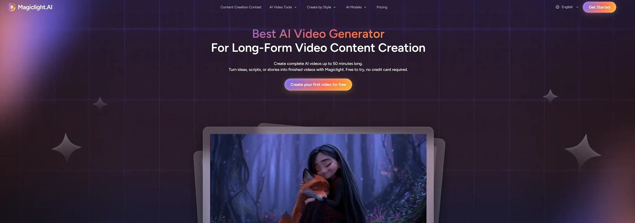 Sito web che promuove un generatore di video basato sull'intelligenza artificiale per la creazione di contenuti di lunga durata.