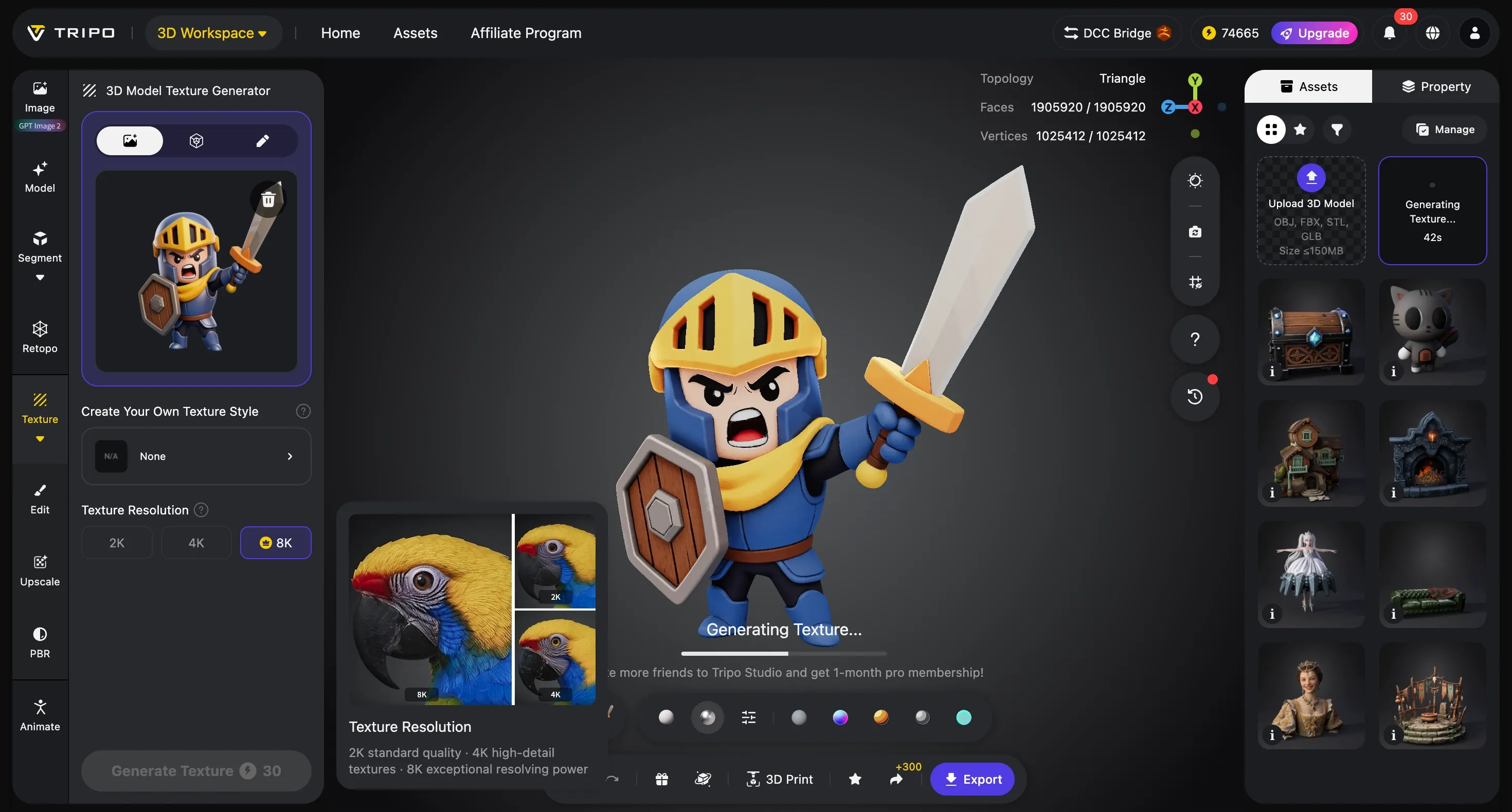Tripo AI 3D workspace generating an 8K texture for a warrior character model