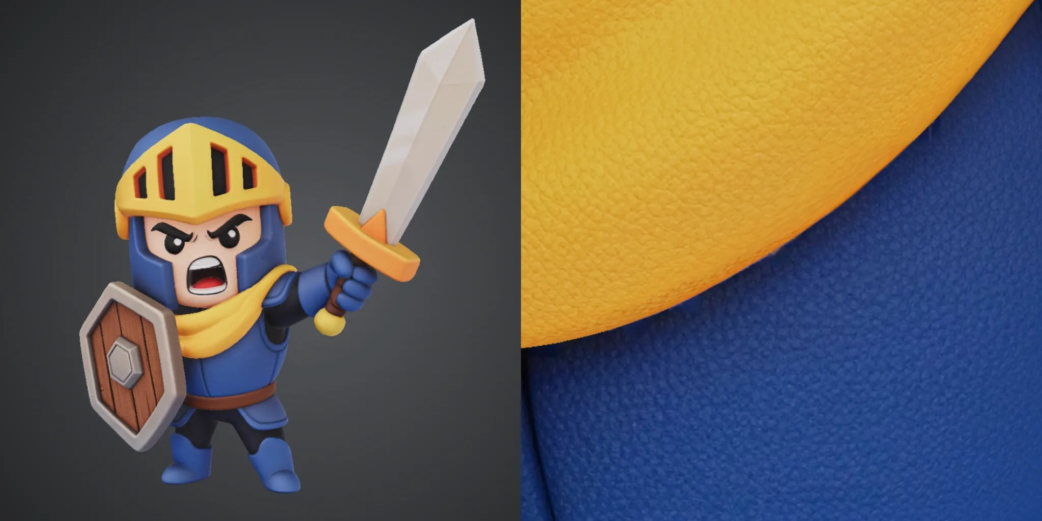 3D warrior character model beside a close-up of textured material surfaces