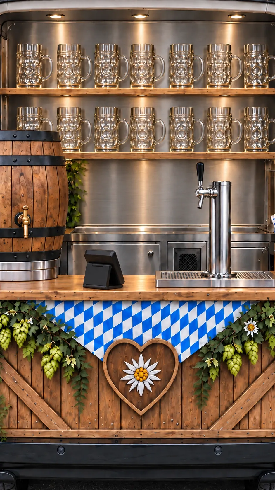 Ein Bierstand mit Holzfass, Gläsern und bayerischer Dekoration.
