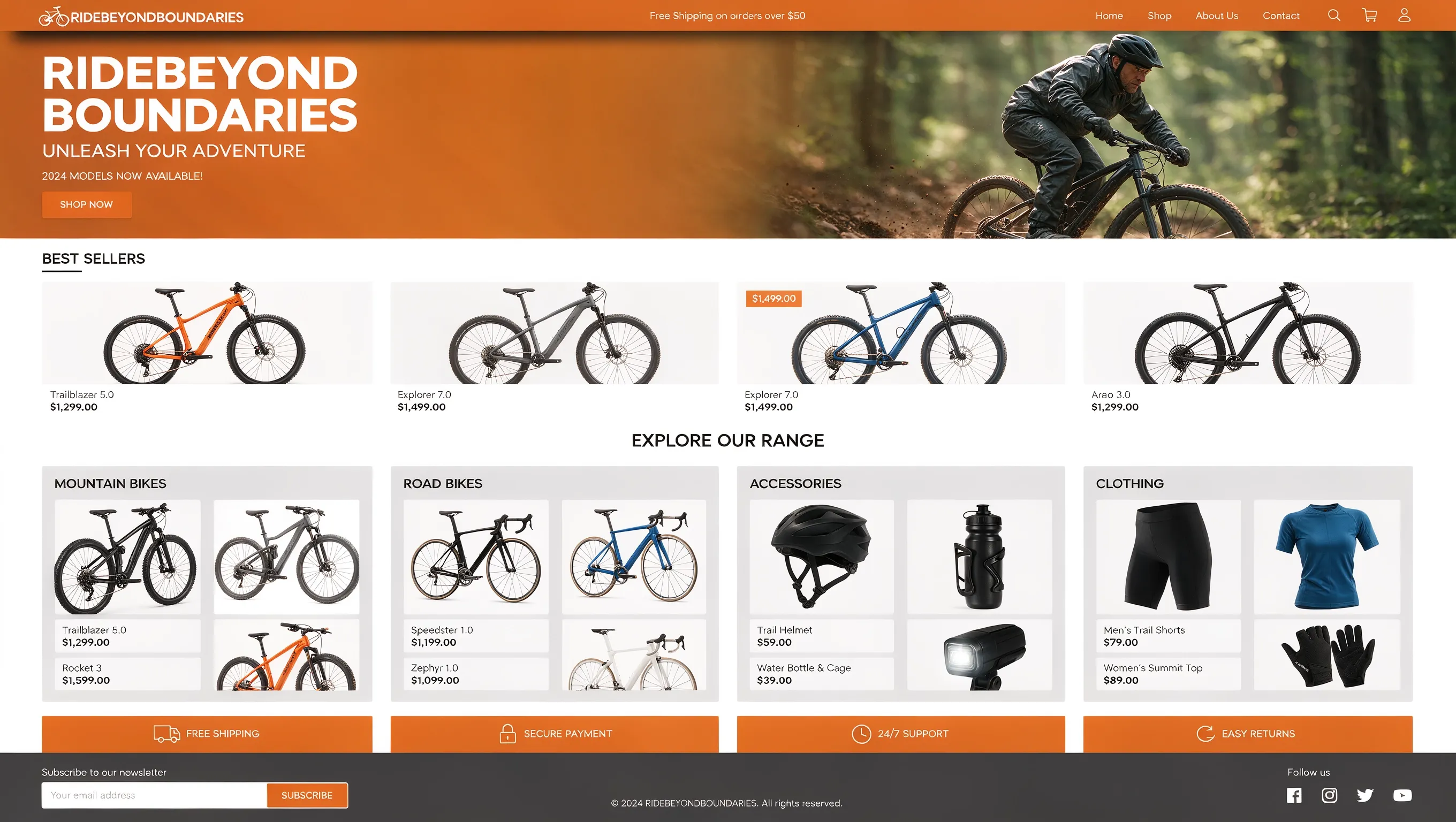 Homepage eines Fahrradgeschäfts mit Bestsellern und verschiedenen Fahrradkategorien.