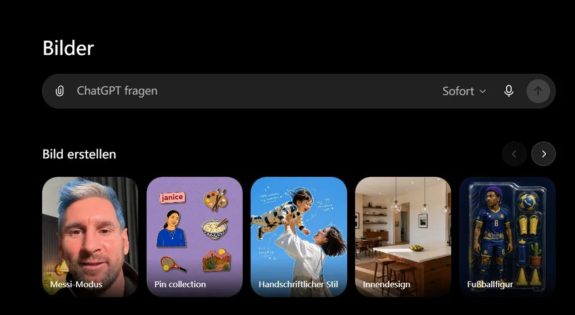 Screenshot einer Bilder-App mit verschiedenen Bildoptionen und einem Suchfeld.
