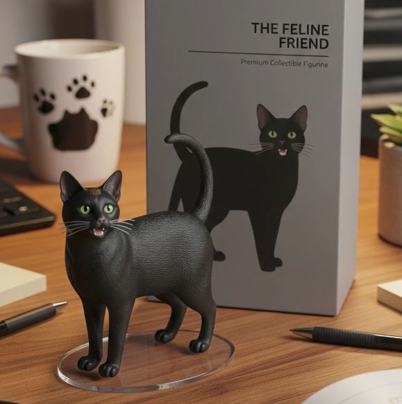 机の上に置かれた黒猫の置物（パッケージ箱付き）