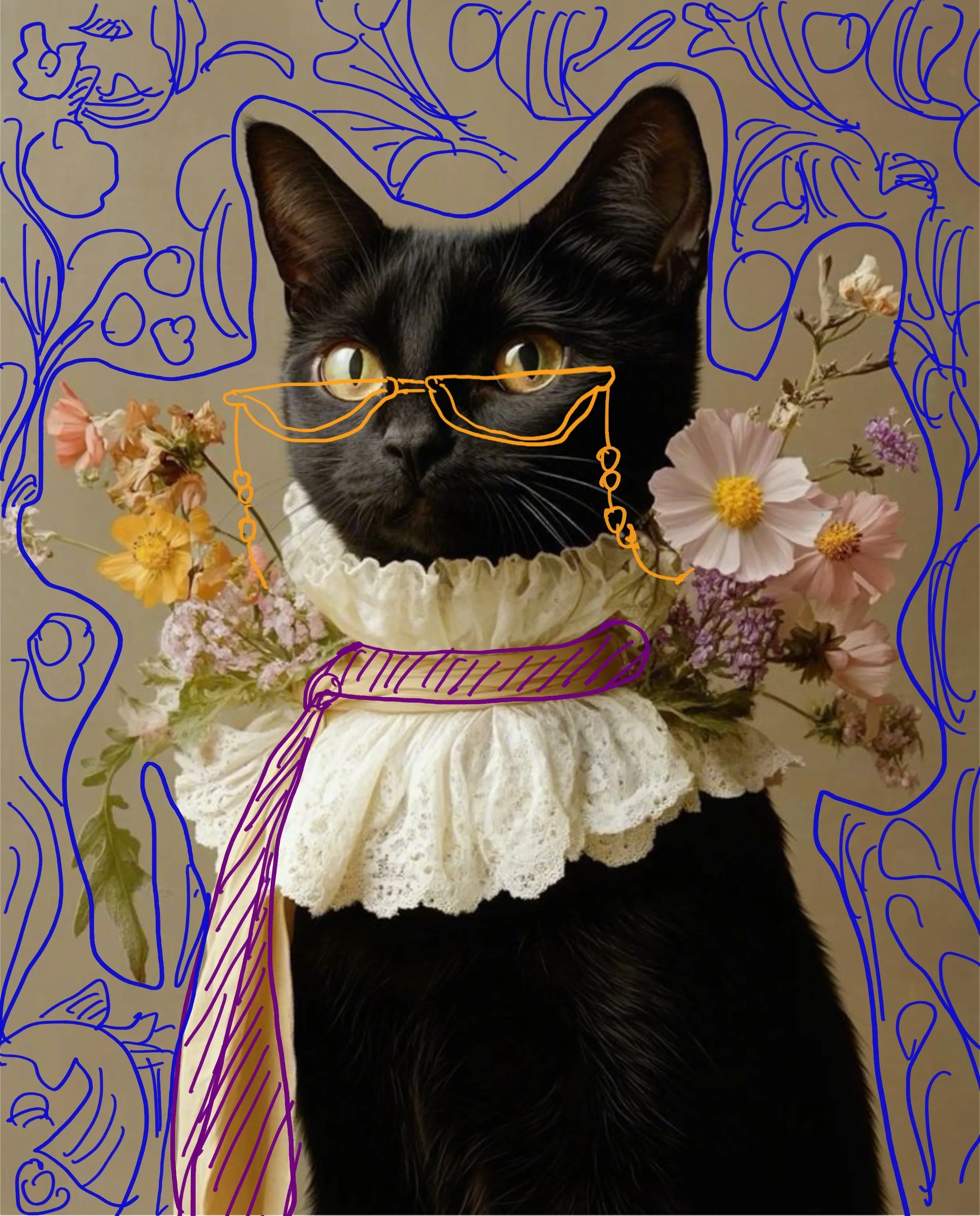 Un gatto nero con gli occhiali e un collare floreale con dei fiori intorno al collo.