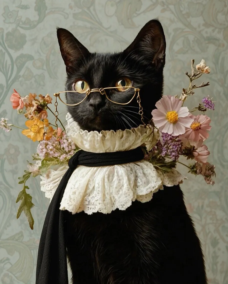 Un gatto nero con gli occhiali e un collare a fiori posa con eleganza.