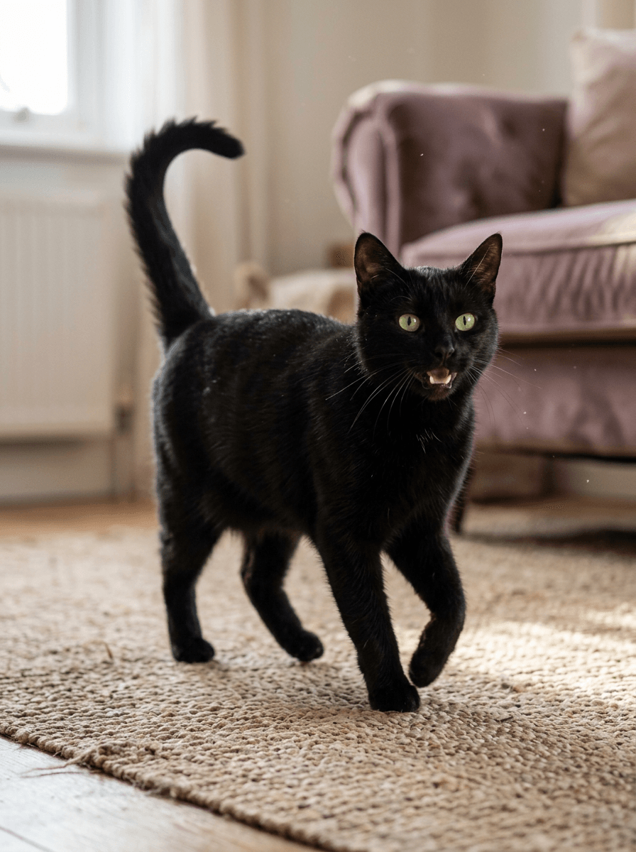 室内のカーペットの上を歩く黒猫