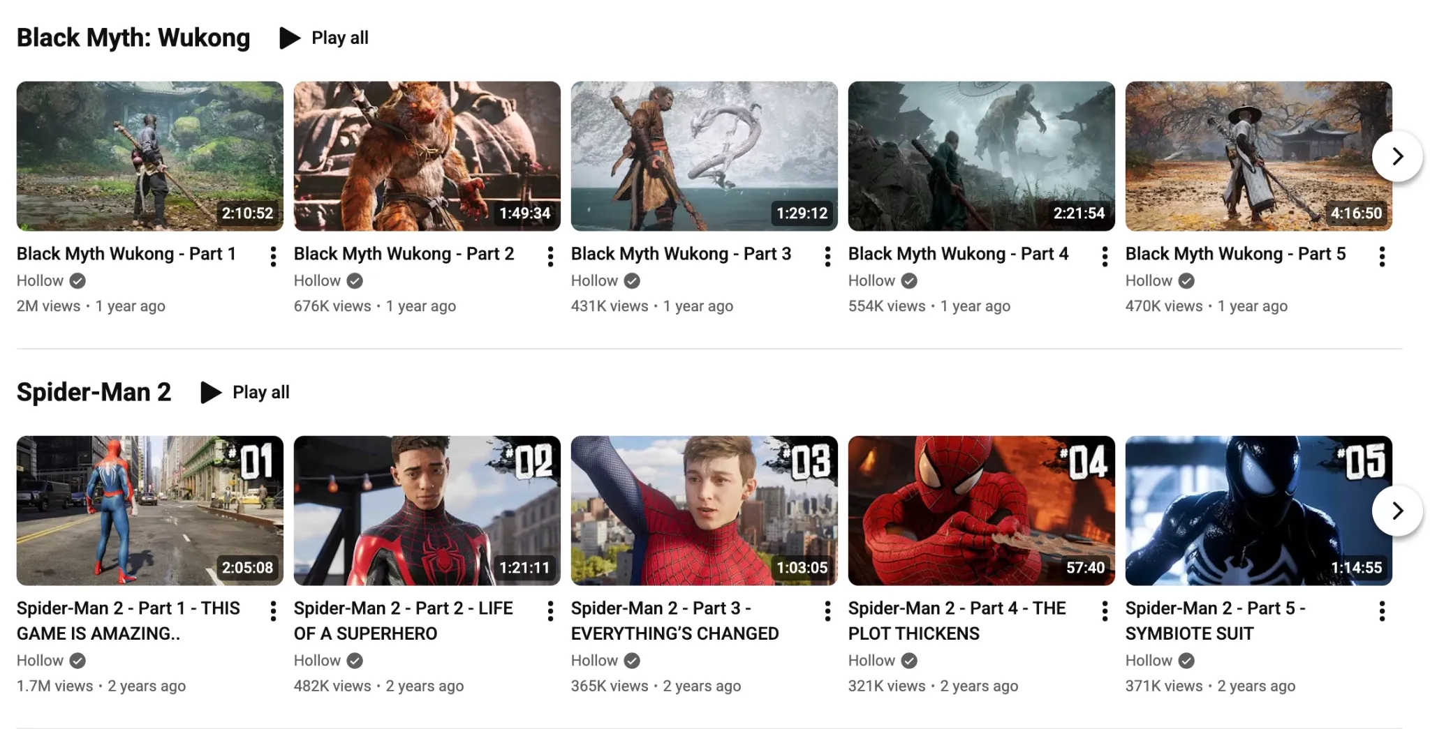 Thumbnails for Black Myth: Wukong and Spider-Man 2 gameplay videos.