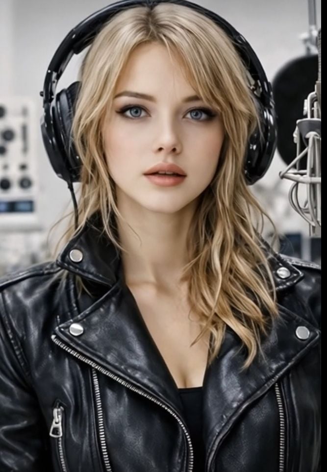 A blonde woman in a black leather jacket wears headphones in a recording studio, with a microphone in the background