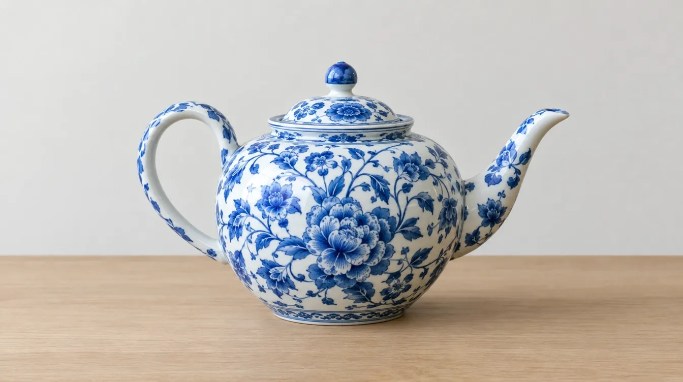 A blue and white floral patterned teapot on a wooden surface.