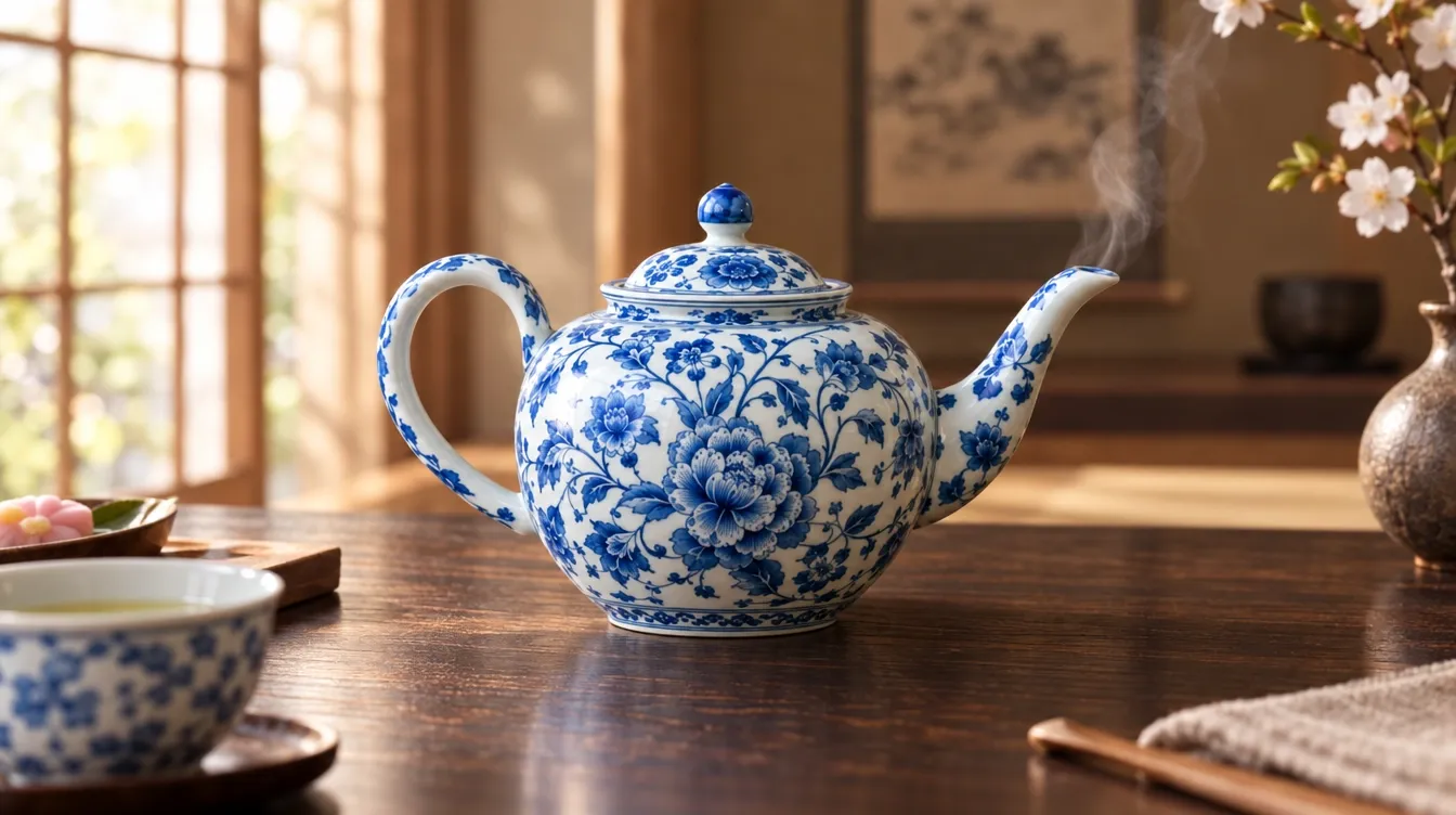 A blue and white floral teapot with steam on a wooden table.