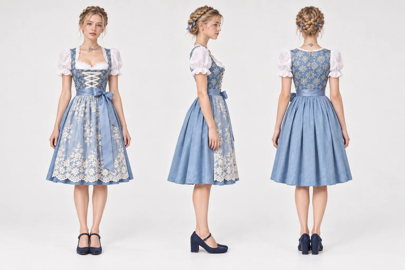 Ein blauer Dirndl mit weißen Ärmeln und floralem Muster.